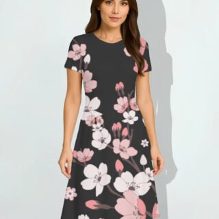 Black with Pink Floral Print Fit & Flare Dress