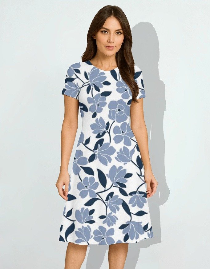 Light Blue & Navy Floral Fit & Flare Dress